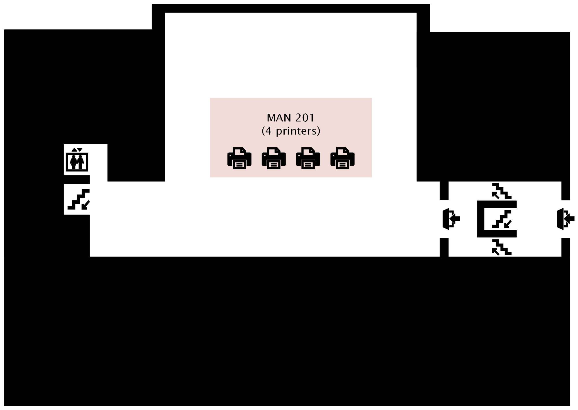A map of the second floor of Manitou Hall, indicating 4 printers with printing capabilities only is available in MAN201